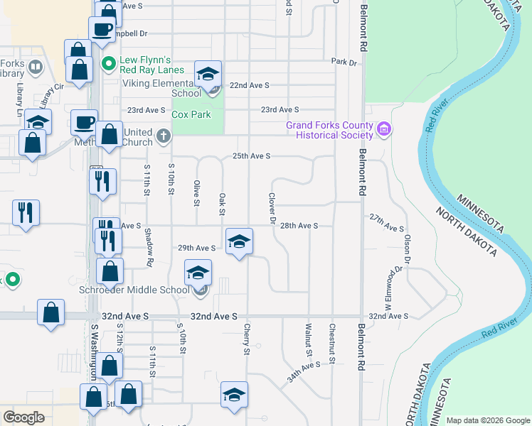 map of restaurants, bars, coffee shops, grocery stores, and more near 2710 Clover Dr in Grand Forks