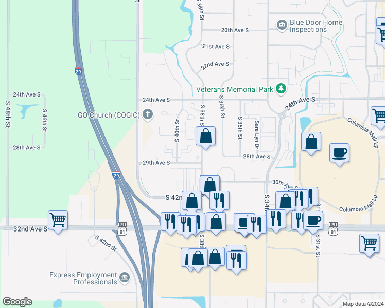 map of restaurants, bars, coffee shops, grocery stores, and more near 27508 29th Avenue South in Grand Forks