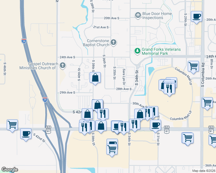 map of restaurants, bars, coffee shops, grocery stores, and more near 3500-3598 26th Avenue South in Grand Forks