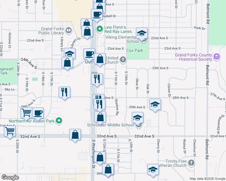 map of restaurants, bars, coffee shops, grocery stores, and more near 1105 27th Avenue South in Grand Forks