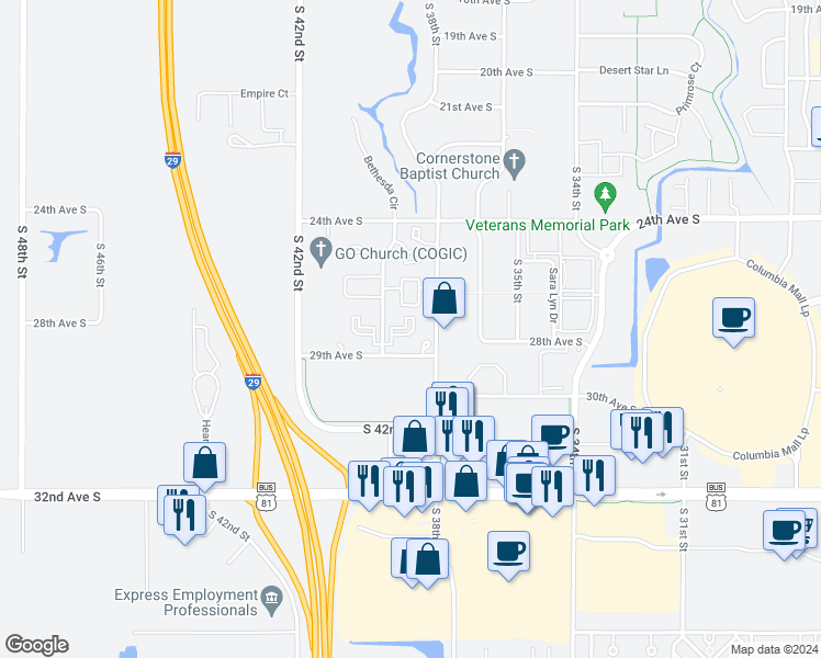 map of restaurants, bars, coffee shops, grocery stores, and more near 2750 South 38th Street in Grand Forks