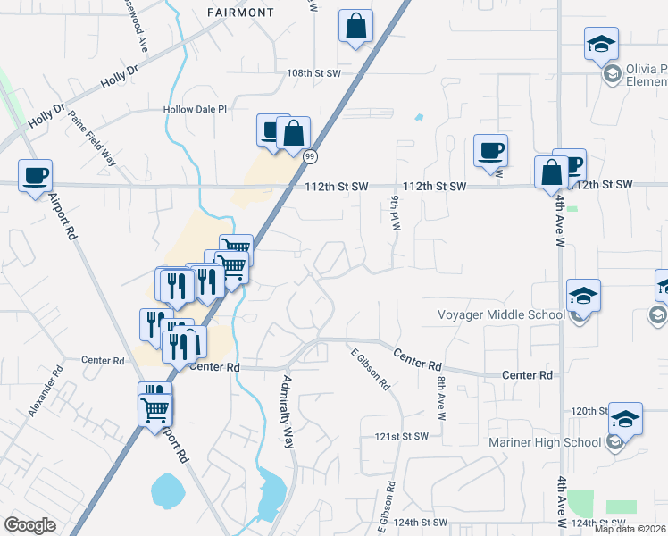 map of restaurants, bars, coffee shops, grocery stores, and more near 1131 115th Street Southwest in Everett