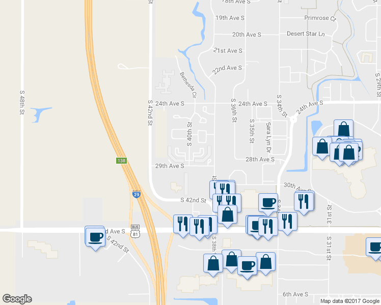 map of restaurants, bars, coffee shops, grocery stores, and more near 2750 South 40th Street in Grand Forks