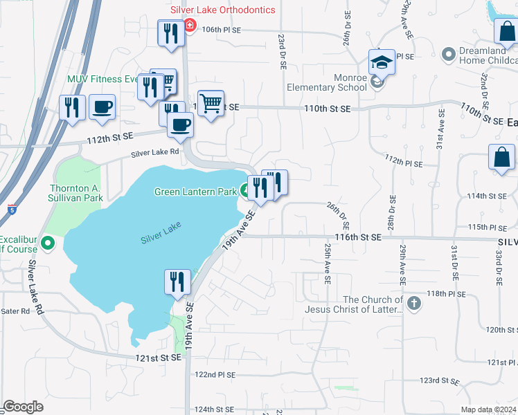 map of restaurants, bars, coffee shops, grocery stores, and more near 11419 19th Avenue Southeast in Everett