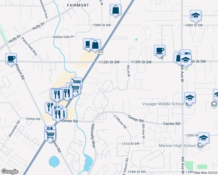 map of restaurants, bars, coffee shops, grocery stores, and more near 1131 115th Street Southwest in Everett