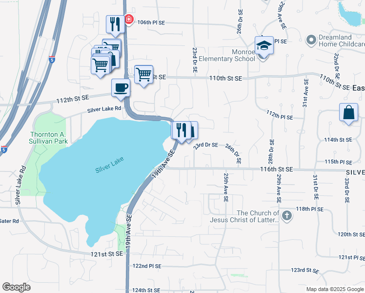map of restaurants, bars, coffee shops, grocery stores, and more near 11419 19th Avenue Southeast in Everett
