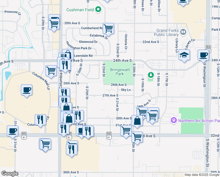 map of restaurants, bars, coffee shops, grocery stores, and more near 2158 Knightsbridge Court in Grand Forks