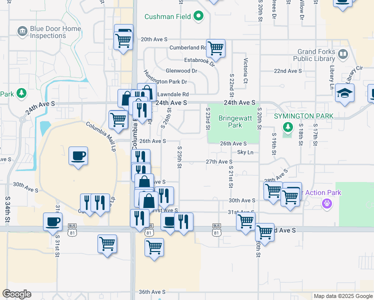 map of restaurants, bars, coffee shops, grocery stores, and more near 2450 27th Avenue South in Grand Forks