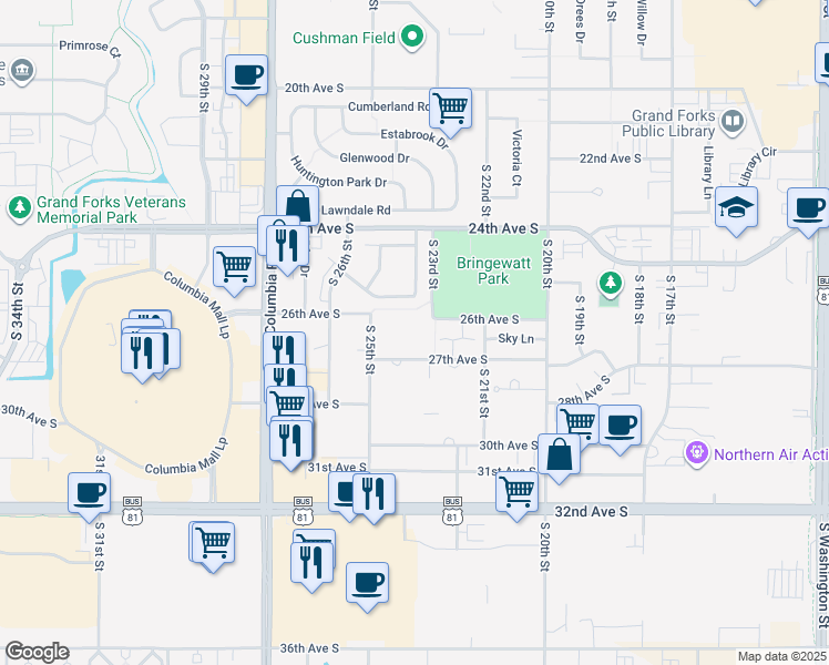 map of restaurants, bars, coffee shops, grocery stores, and more near 2298 27th Avenue South in Grand Forks