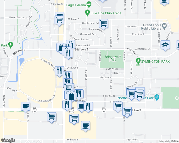 map of restaurants, bars, coffee shops, grocery stores, and more near 2450 27th Avenue South in Grand Forks