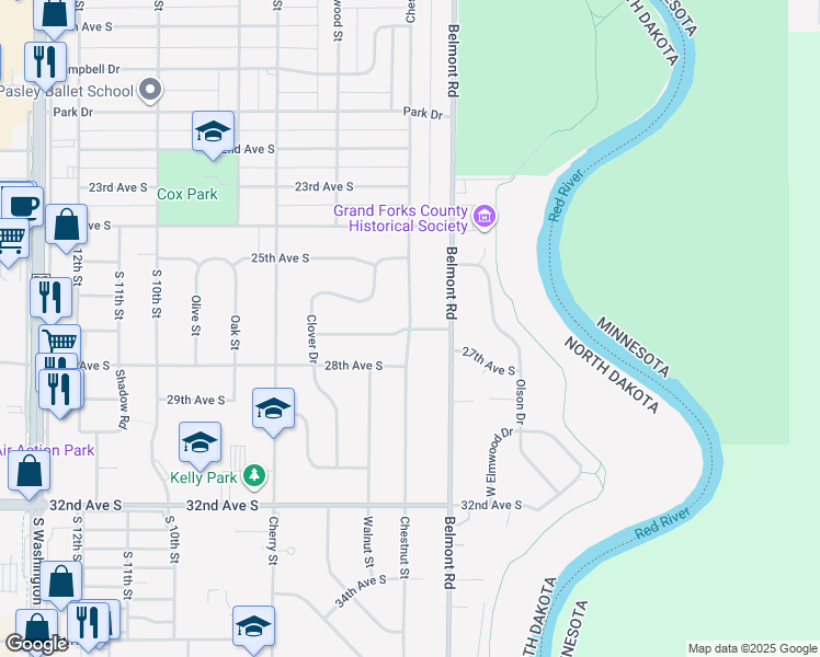 map of restaurants, bars, coffee shops, grocery stores, and more near 2699 Chestnut Street in Grand Forks