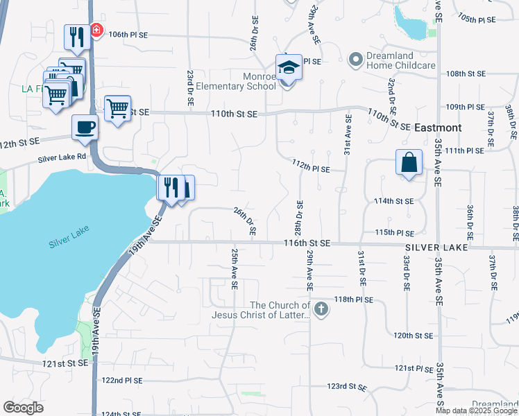 map of restaurants, bars, coffee shops, grocery stores, and more near 11505 27th Avenue Southeast in Everett