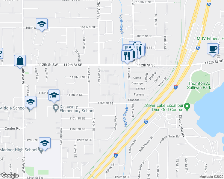 map of restaurants, bars, coffee shops, grocery stores, and more near 11401 3rd Avenue Southeast in Everett