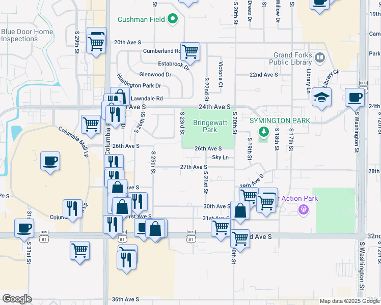 map of restaurants, bars, coffee shops, grocery stores, and more near 2185 26th Avenue South in Grand Forks