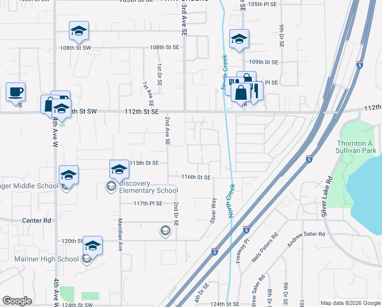 map of restaurants, bars, coffee shops, grocery stores, and more near 11599 3rd Avenue Southeast in Everett