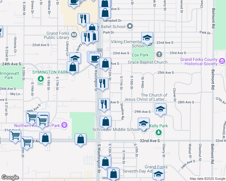 map of restaurants, bars, coffee shops, grocery stores, and more near 1106 28th Avenue South in Grand Forks