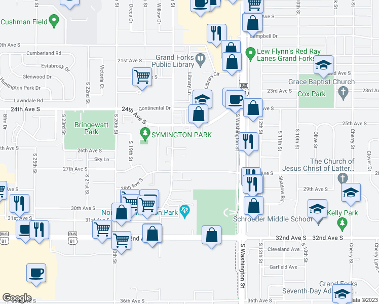 map of restaurants, bars, coffee shops, grocery stores, and more near 2627 South 17th Street in Grand Forks