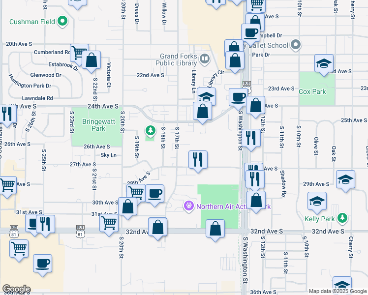 map of restaurants, bars, coffee shops, grocery stores, and more near 2605 South 17th Street in Grand Forks