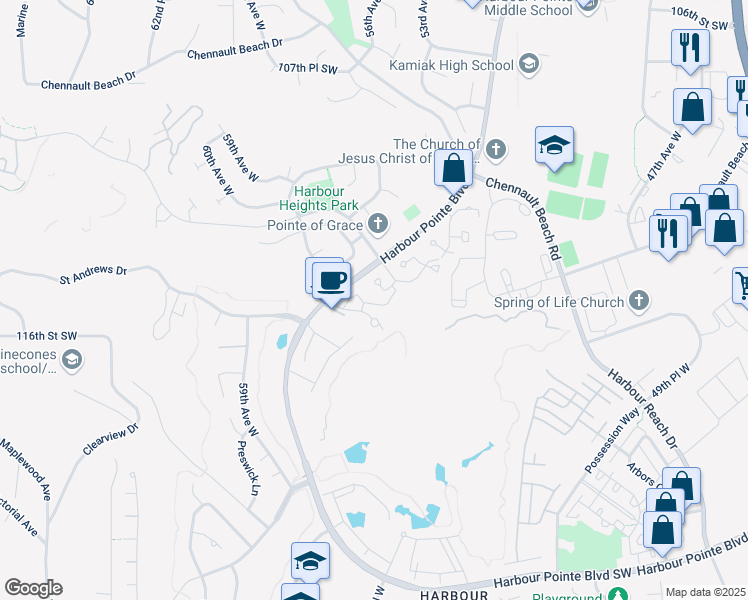 map of restaurants, bars, coffee shops, grocery stores, and more near 5500 Harbour Heights Parkway in Mukilteo