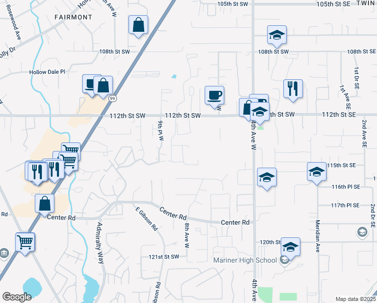 map of restaurants, bars, coffee shops, grocery stores, and more near 727 114th Street Southwest in Everett
