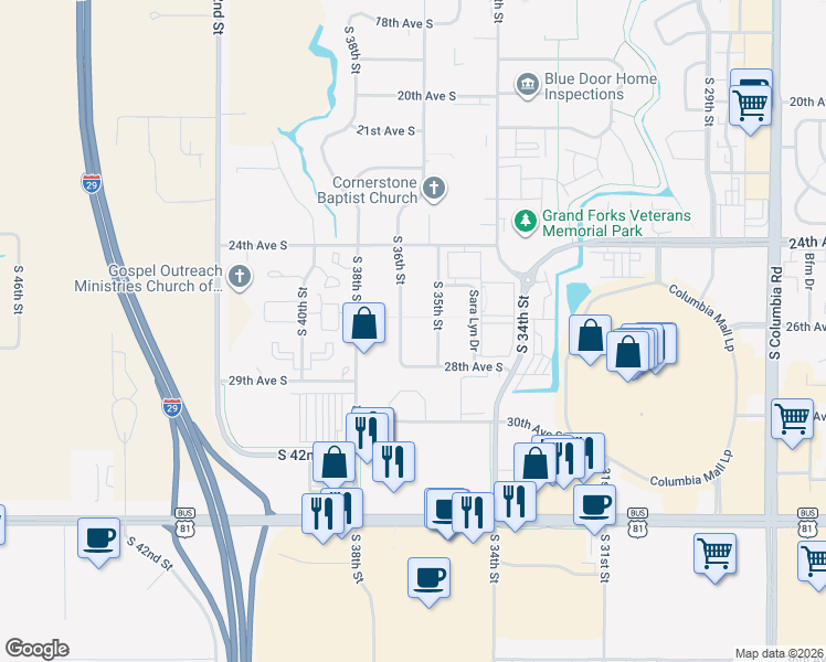 map of restaurants, bars, coffee shops, grocery stores, and more near 2598 South 35th Street in Grand Forks