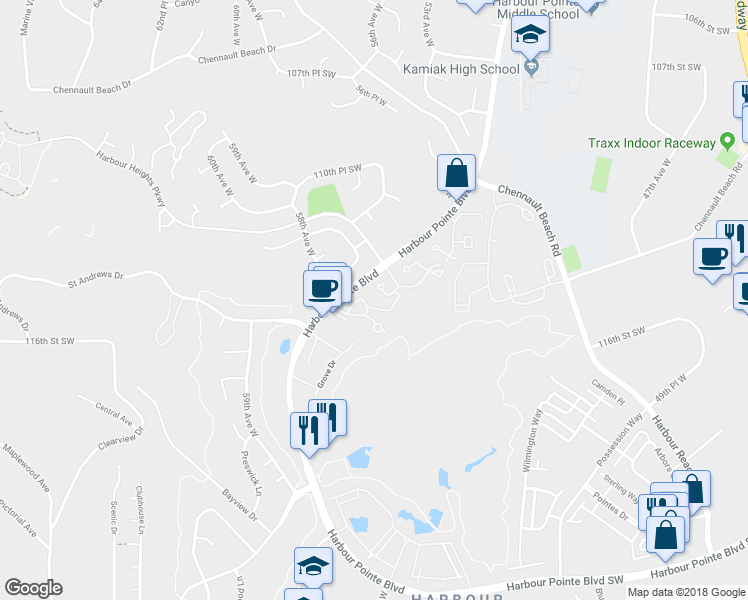 map of restaurants, bars, coffee shops, grocery stores, and more near 5500 Harbour Heights Parkway in Mukilteo