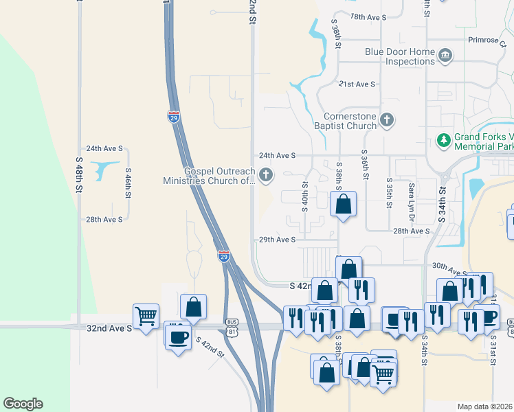 map of restaurants, bars, coffee shops, grocery stores, and more near 2684 Mistwood Ct in Grand Forks
