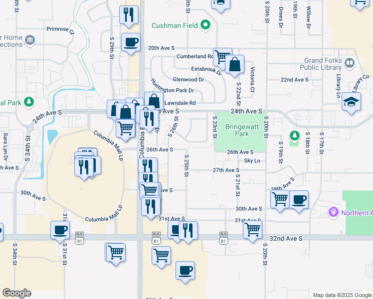 map of restaurants, bars, coffee shops, grocery stores, and more near South 25th Street in Grand Forks