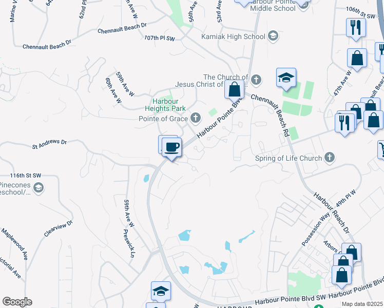map of restaurants, bars, coffee shops, grocery stores, and more near 5500 Harbour Heights Parkway in Mukilteo