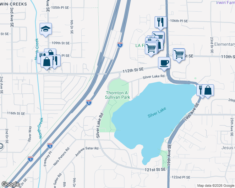 map of restaurants, bars, coffee shops, grocery stores, and more near 11405 Silver Lake Road in Everett