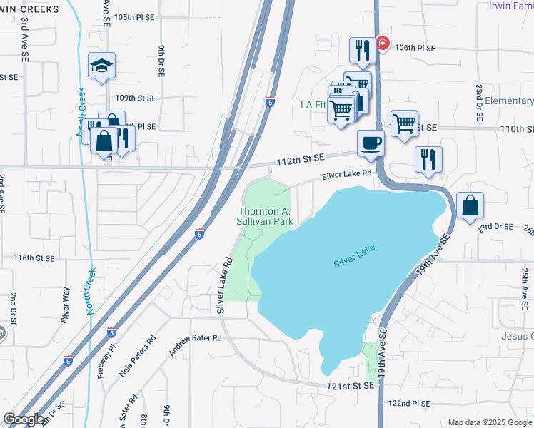 map of restaurants, bars, coffee shops, grocery stores, and more near 11405 Silver Lake Road in Everett
