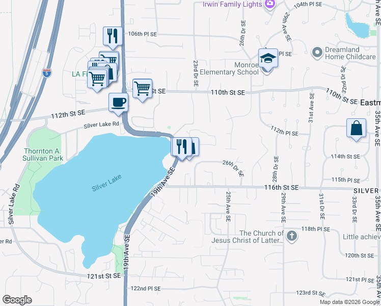 map of restaurants, bars, coffee shops, grocery stores, and more near 11311 19th Avenue Southeast in Everett