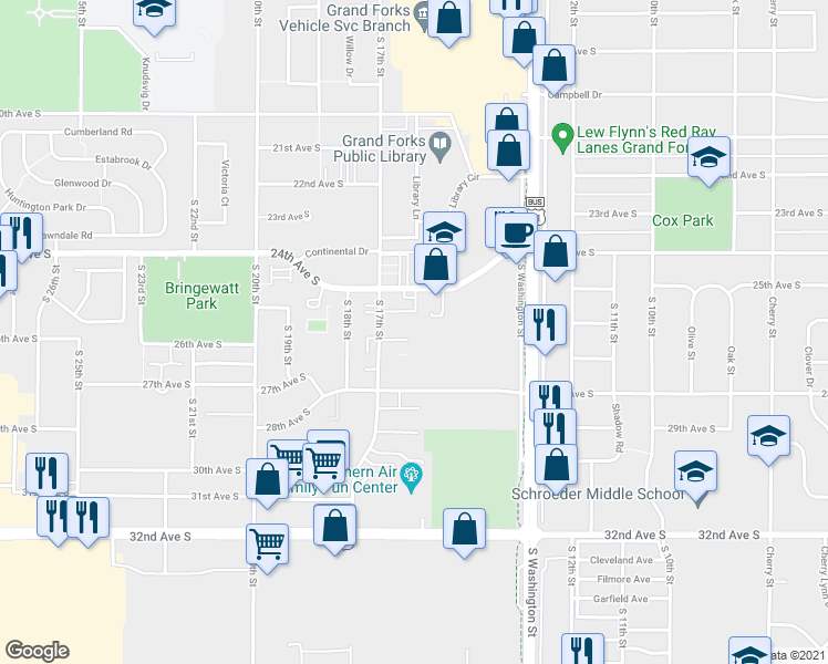 map of restaurants, bars, coffee shops, grocery stores, and more near 2605 South 17th Street in Grand Forks