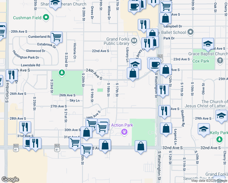 map of restaurants, bars, coffee shops, grocery stores, and more near 2560 South 17th Street in Grand Forks