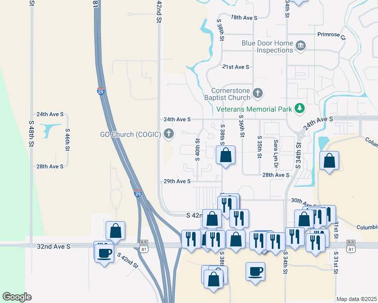 map of restaurants, bars, coffee shops, grocery stores, and more near 2641 Mistwood Court in Grand Forks