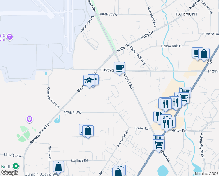 map of restaurants, bars, coffee shops, grocery stores, and more near 11405 23rd Place West in Everett