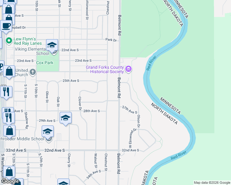 map of restaurants, bars, coffee shops, grocery stores, and more near 2516 Belmont Road in Grand Forks