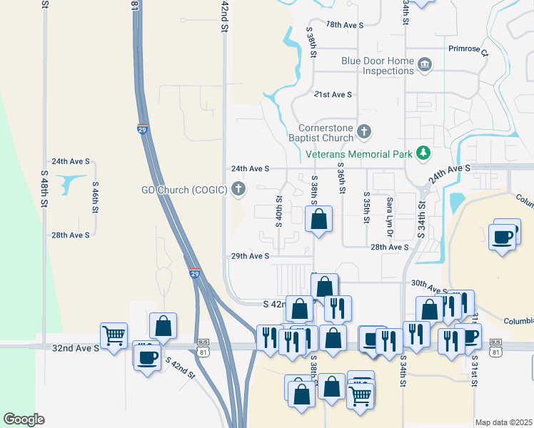map of restaurants, bars, coffee shops, grocery stores, and more near 2641 Mistwood Court in Grand Forks
