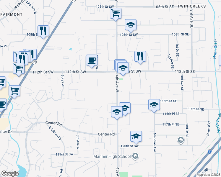 map of restaurants, bars, coffee shops, grocery stores, and more near 11330 4th Avenue West in Everett