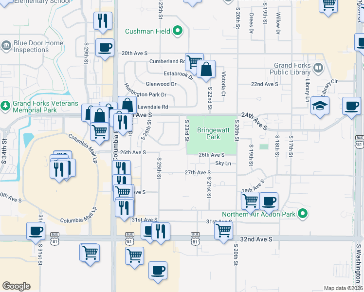 map of restaurants, bars, coffee shops, grocery stores, and more near 2562 South 23rd Street in Grand Forks