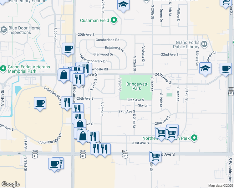 map of restaurants, bars, coffee shops, grocery stores, and more near 2562 South 23rd Street in Grand Forks
