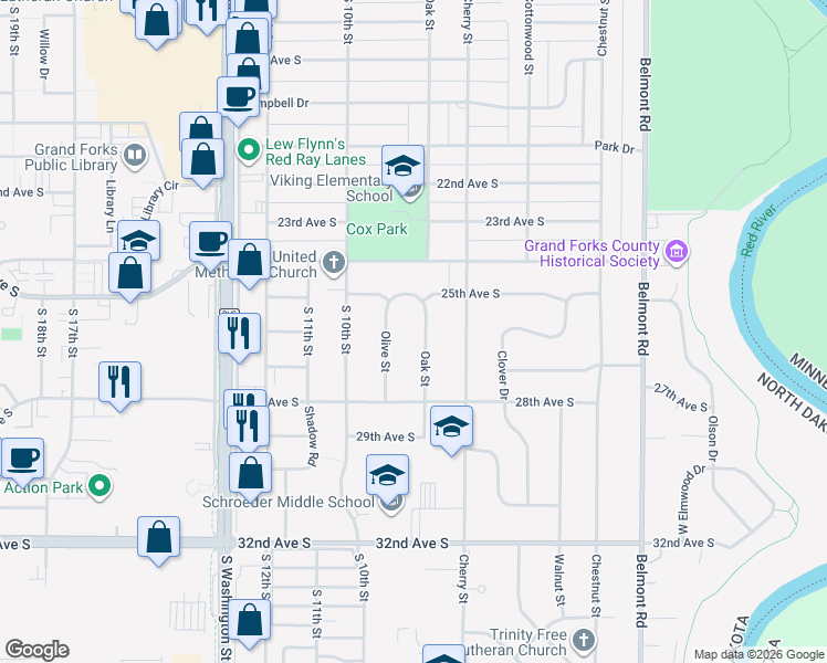 map of restaurants, bars, coffee shops, grocery stores, and more near 2602 Oak Street in Grand Forks