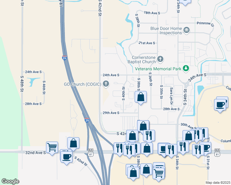 map of restaurants, bars, coffee shops, grocery stores, and more near 2641 Mistwood Court in Grand Forks