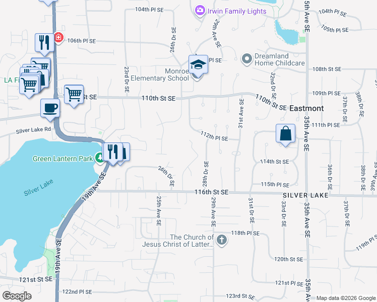 map of restaurants, bars, coffee shops, grocery stores, and more near 11318 27th Avenue Southeast in Everett