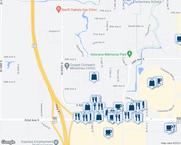 map of restaurants, bars, coffee shops, grocery stores, and more near 2652 South 38th Street in Grand Forks