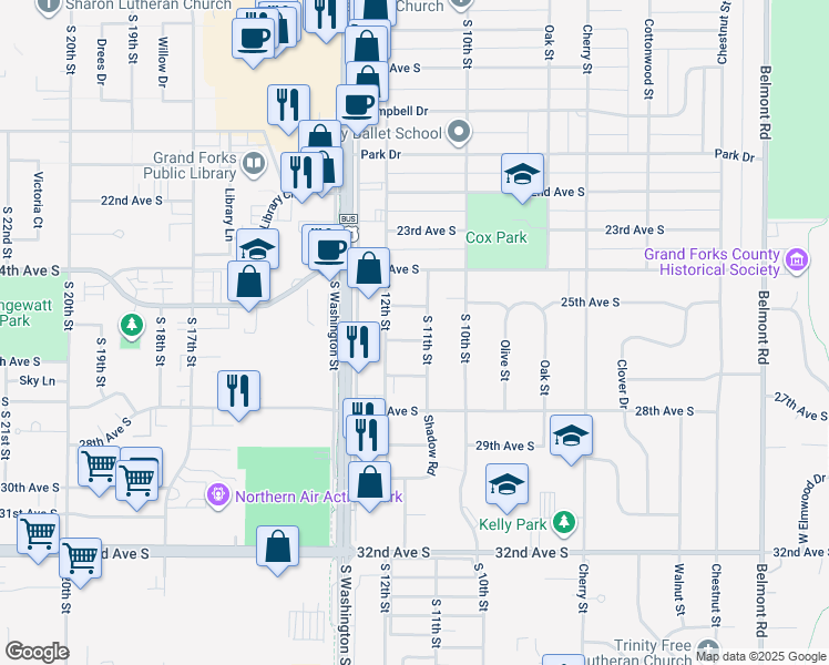 map of restaurants, bars, coffee shops, grocery stores, and more near 1106 26th Avenue South in Grand Forks
