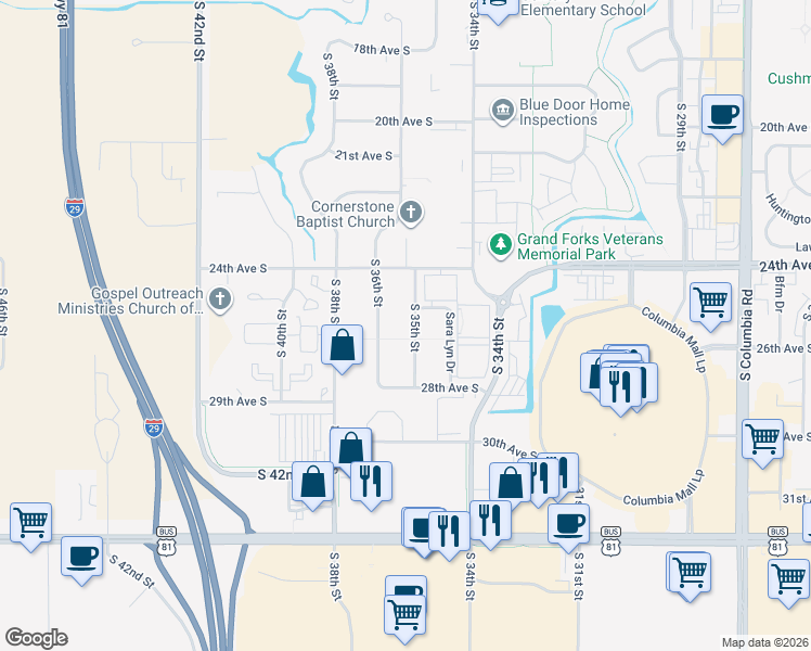 map of restaurants, bars, coffee shops, grocery stores, and more near 2598 South 35th Street in Grand Forks