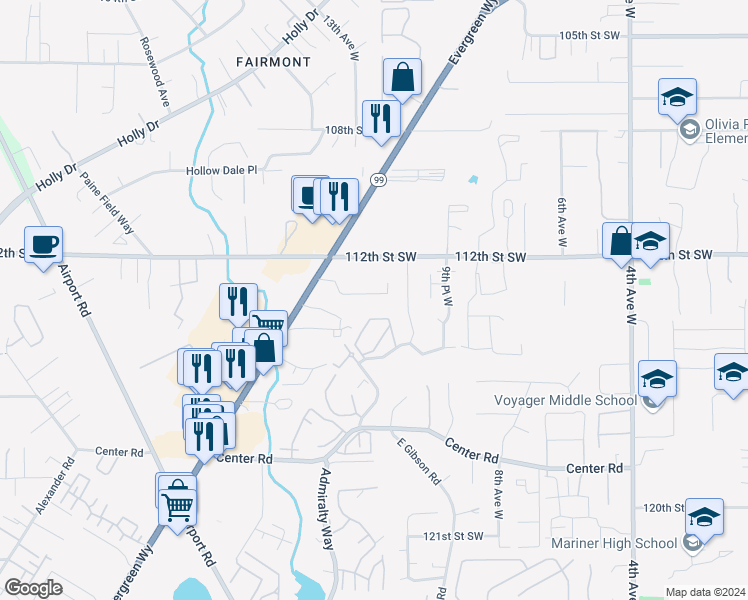 map of restaurants, bars, coffee shops, grocery stores, and more near 1208 113th Street Southwest in Everett