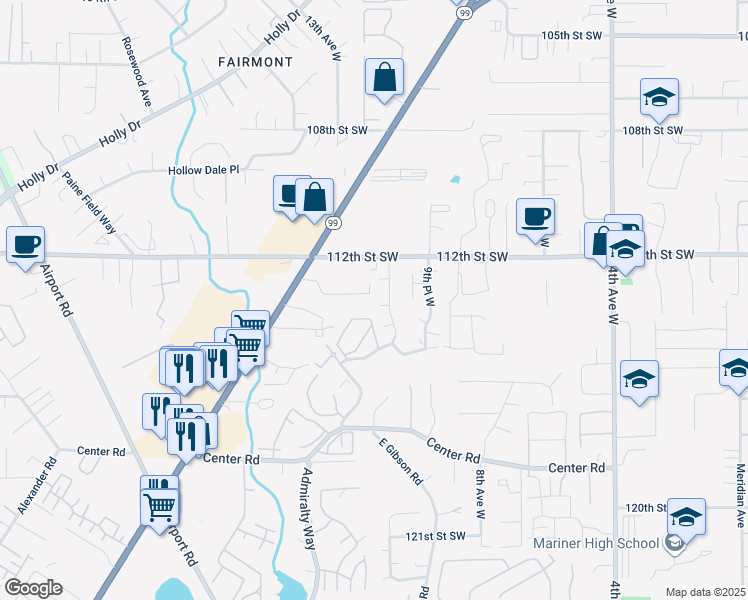 map of restaurants, bars, coffee shops, grocery stores, and more near 1120 113th Street Southwest in Everett