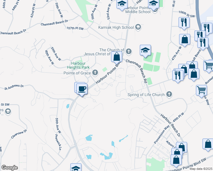 map of restaurants, bars, coffee shops, grocery stores, and more near 11370 Harbour Pointe Boulevard in Mukilteo